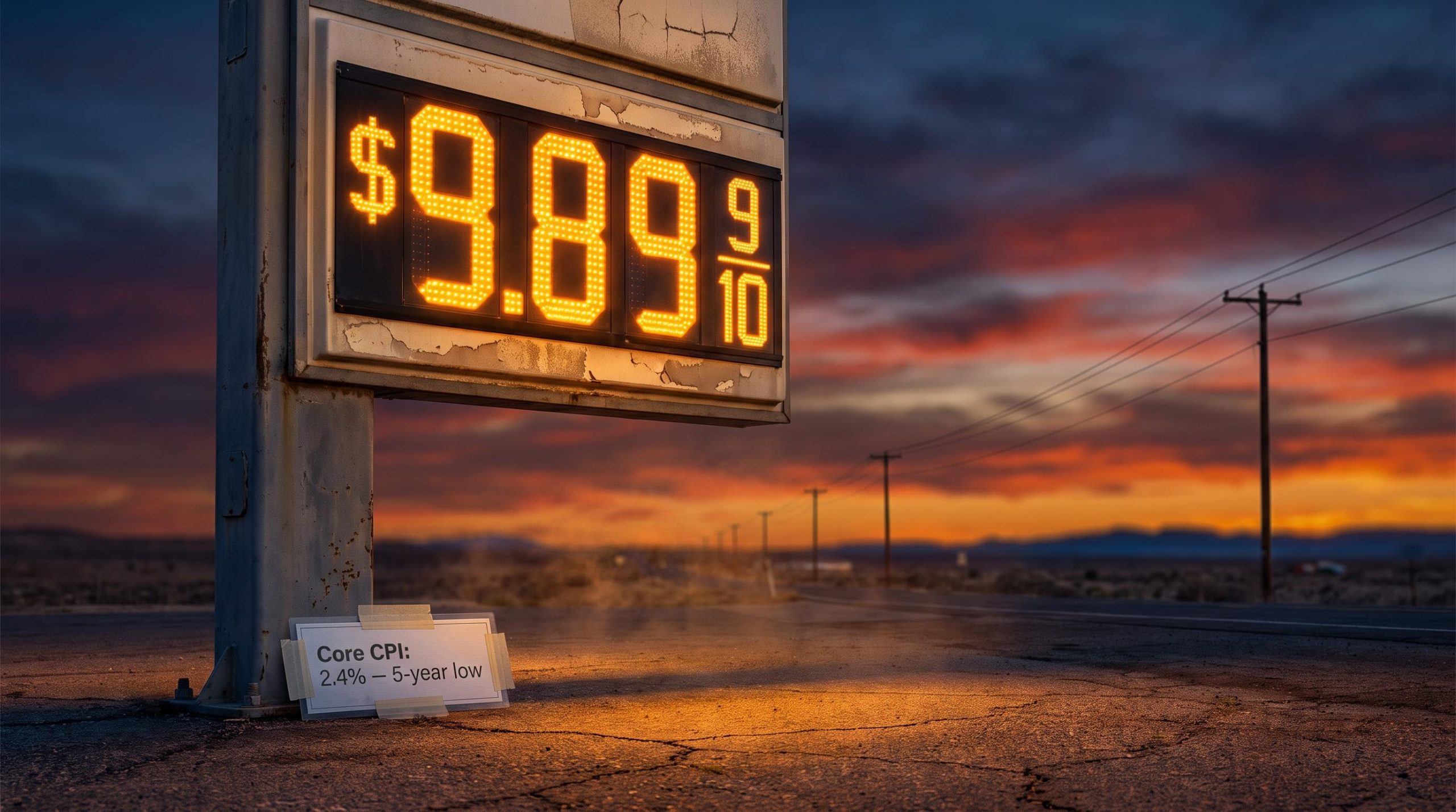 Gas station price sign blazing against dusk sky with core CPI 2.4% five-year low panel — August 2026 CPI breakdown