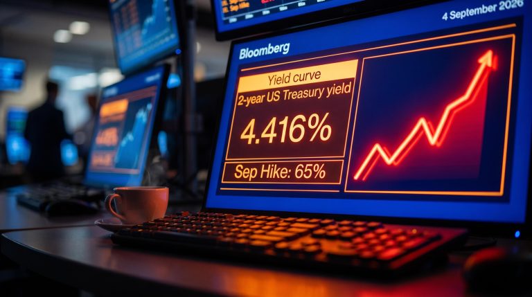 US Treasury 2-year yield spikes to 4.416% on trading terminal as August 2026 jobs report lifts Fed hike odds to 65%