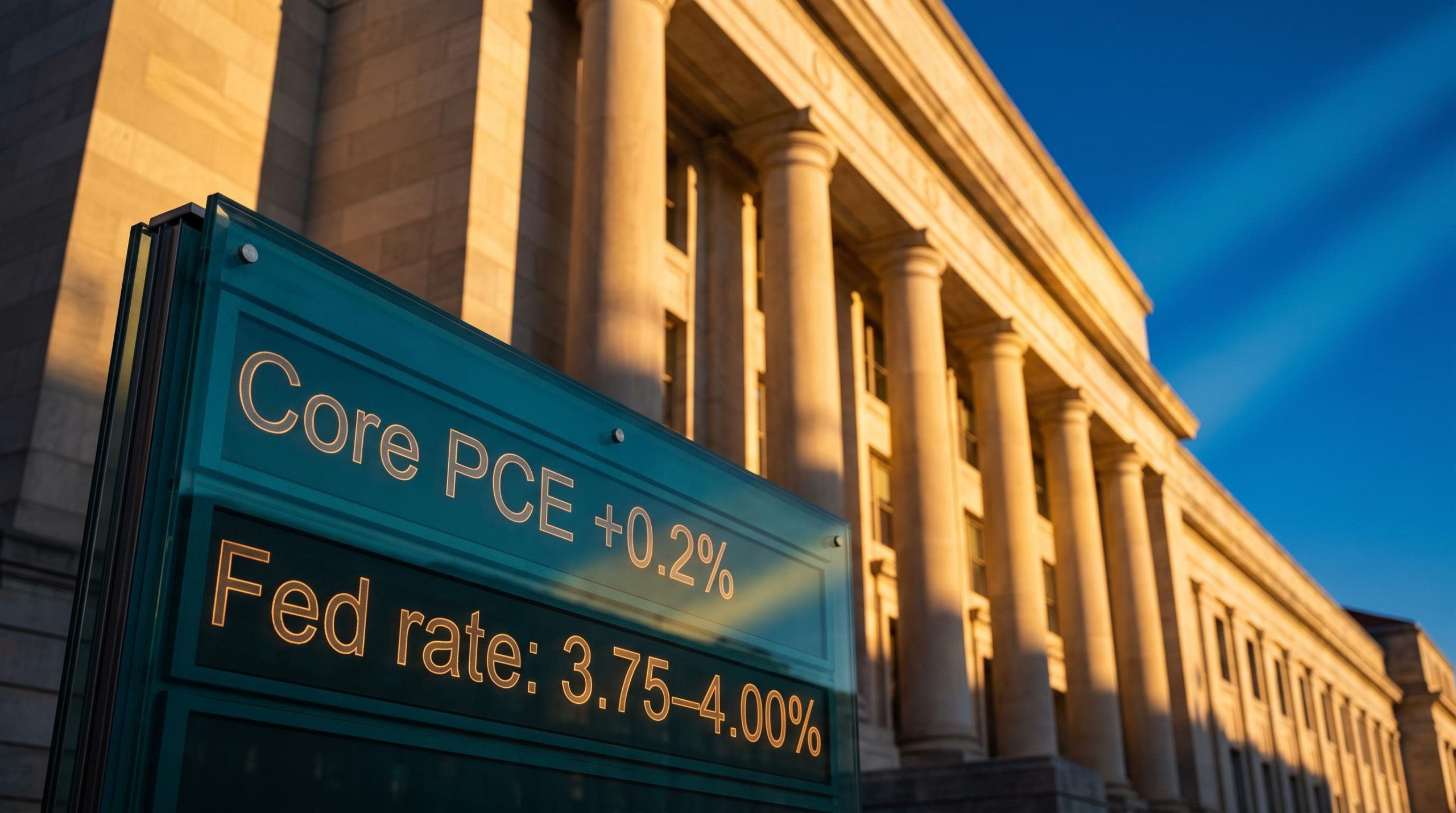 Federal Reserve building with core PCE +0.2% data overlay as August 2026 PCE inflation data beats forecasts