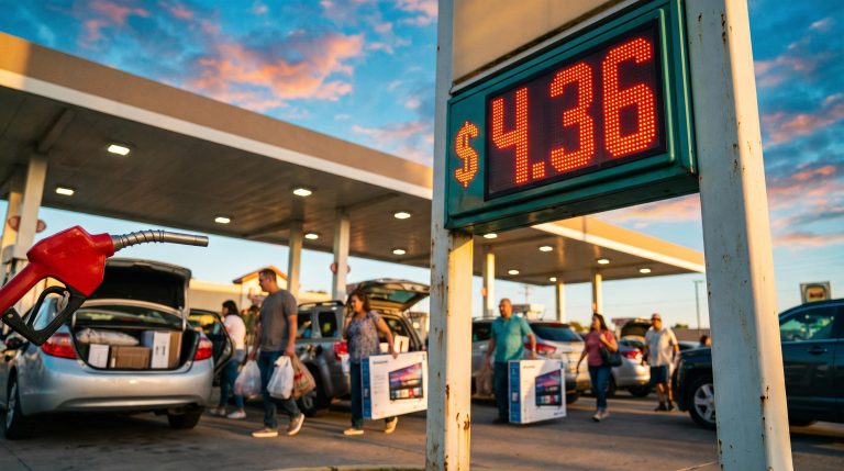 Petrol station price sign showing $4.36 as shoppers carry bags, illustrating August PCE data on spending versus fuel costs