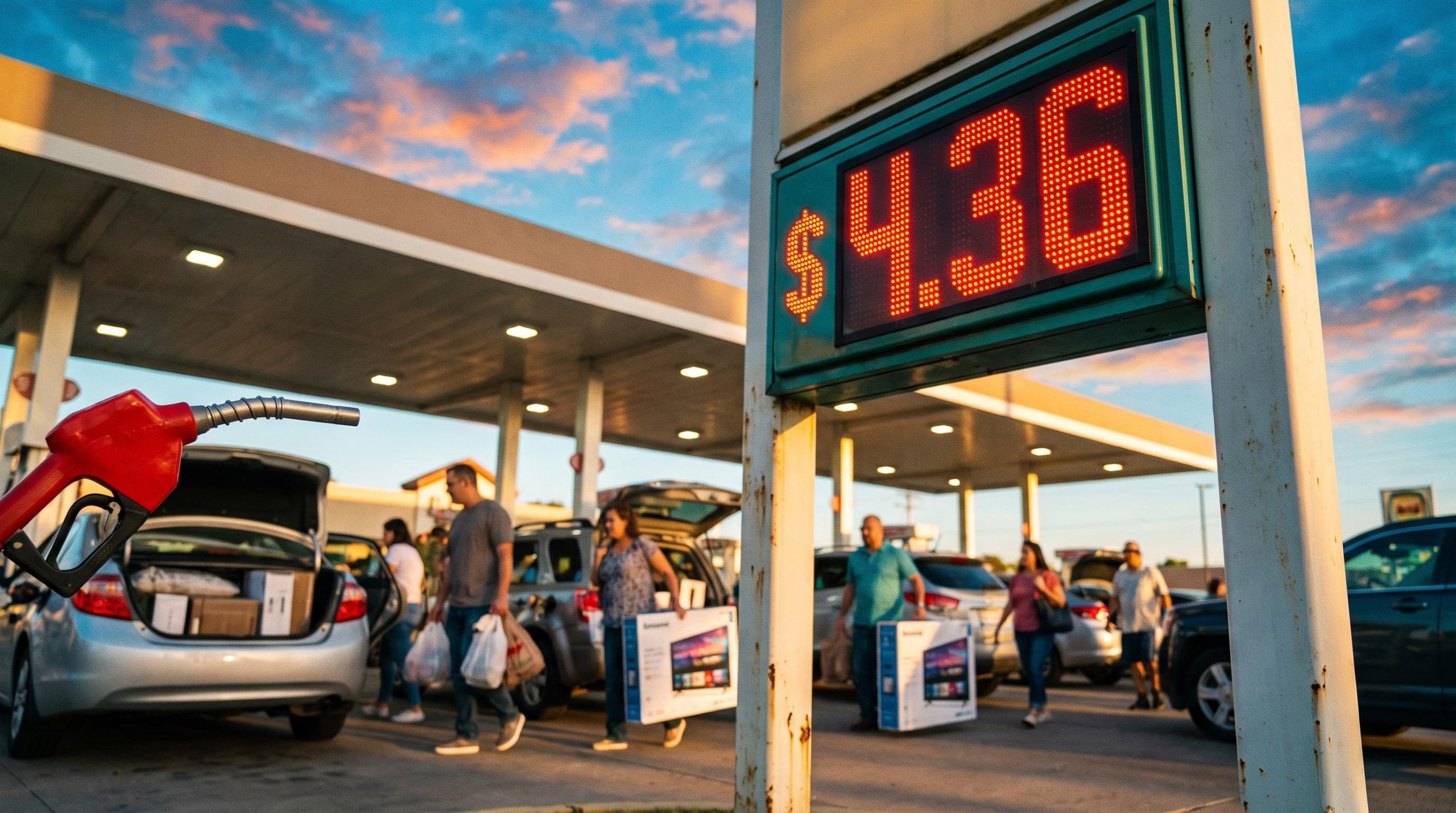 Petrol station price sign showing $4.36 as shoppers carry bags, illustrating August PCE data on spending versus fuel costs