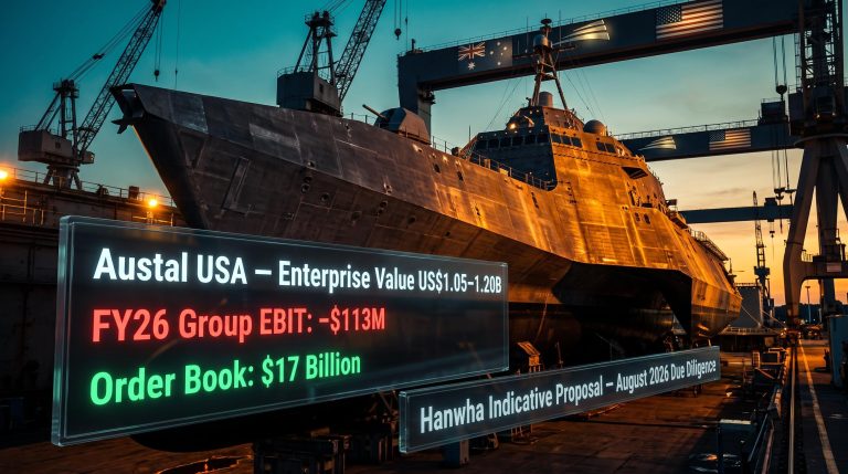 Austal USA shipyard at dusk with Hanwha acquisition valuation US$1.05–1.20B and record $17B order book displayed