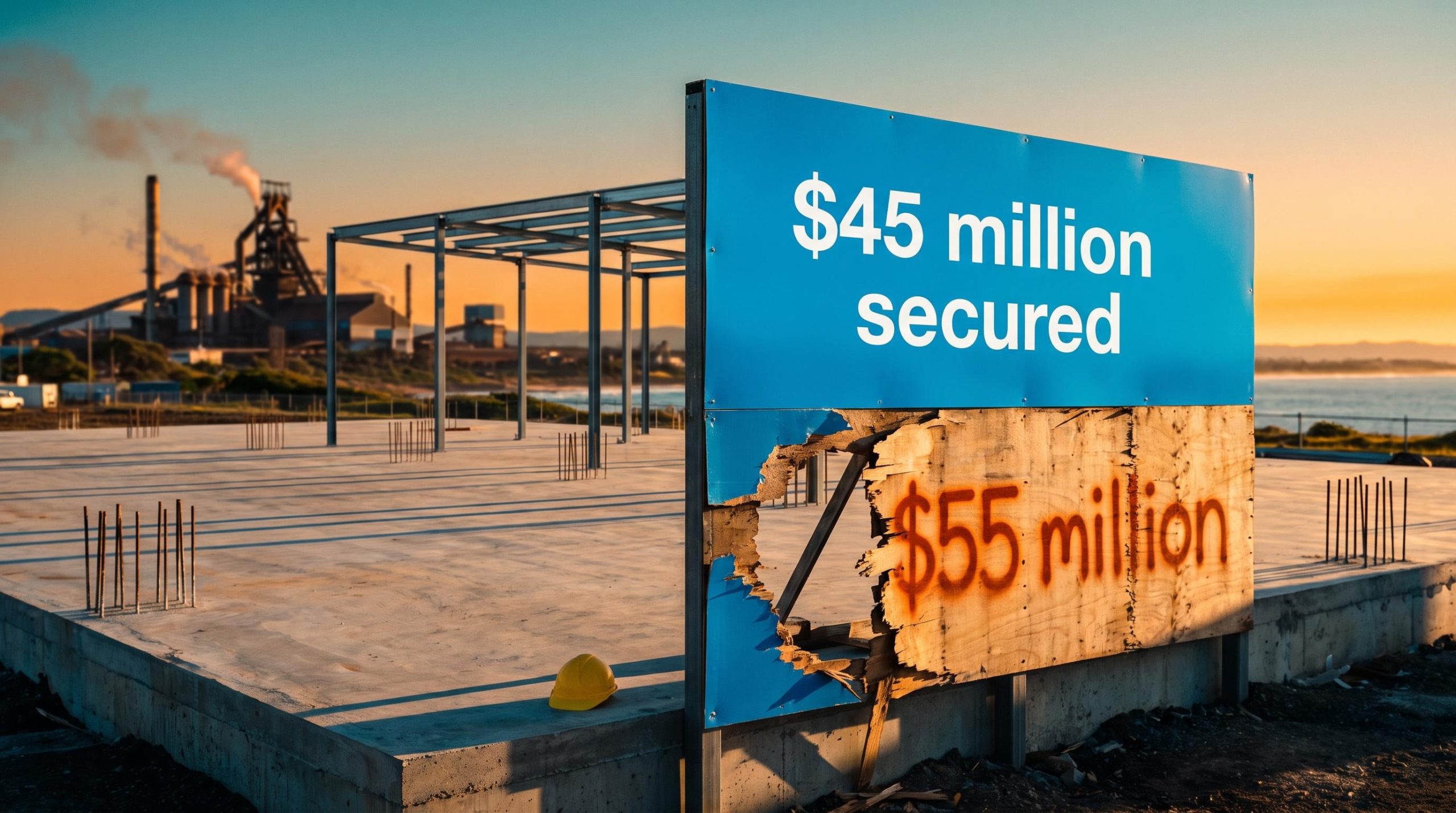Unfinished Port Kembla plant site with $45 million secured and $55 million gap sign, Australia battery materials funding