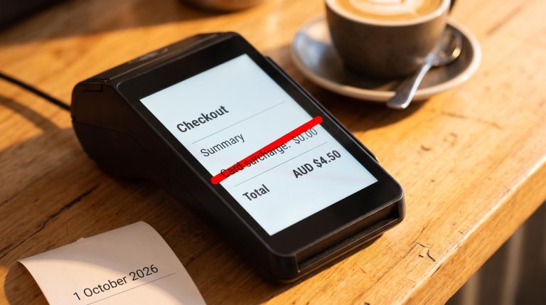 Payment terminal showing card surcharge line crossed out, marking Australia's 1 October 2026 card surcharge ban
