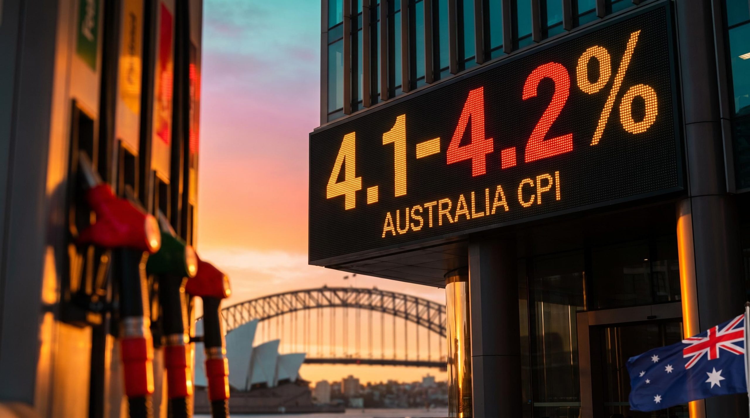 Sydney skyline at dawn with a glowing board showing 4.1-4.2% ahead of the Australia CPI preview and RBA decision
