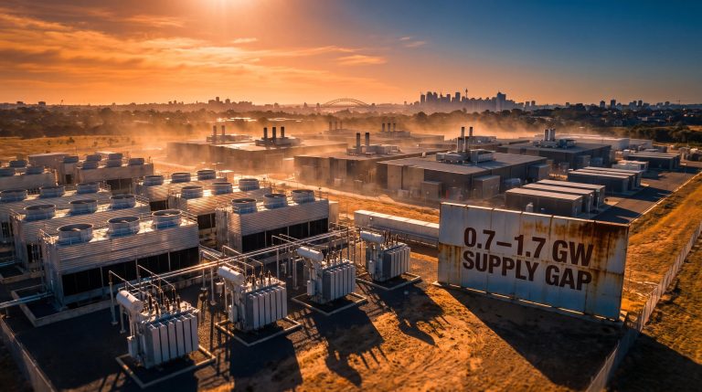 Sydney data centre campus at golden hour with Australia data center market supply gap figure on industrial signage
