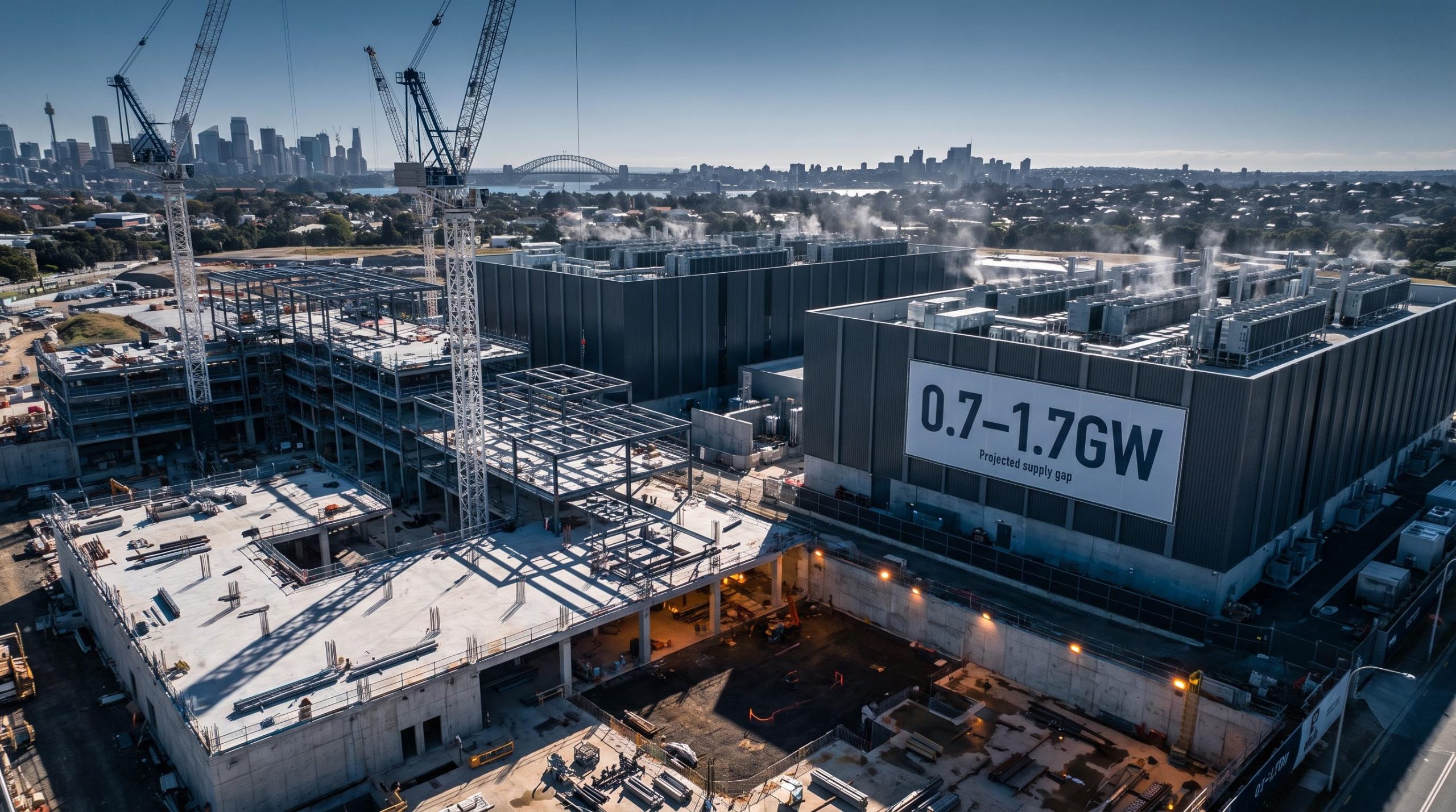 Aerial view of Sydney data centre construction site with "0.7–1.7GW" supply gap figure on facade