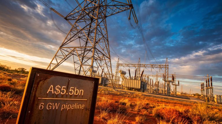 Australian transmission pylon and substation with 6 GW pipeline data, anchoring the data centre market analysis
