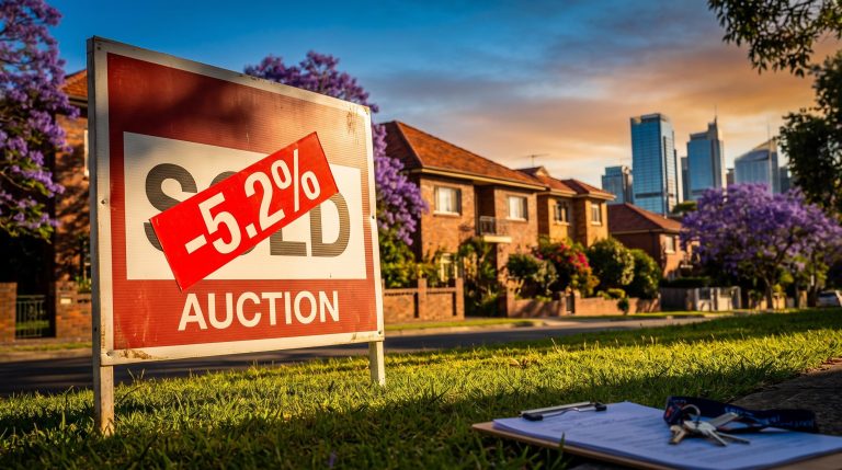 Red auction sold sign showing -5.2% on a Sydney suburban lawn, symbolising the Australia housing downturn and ASX 200 exposure