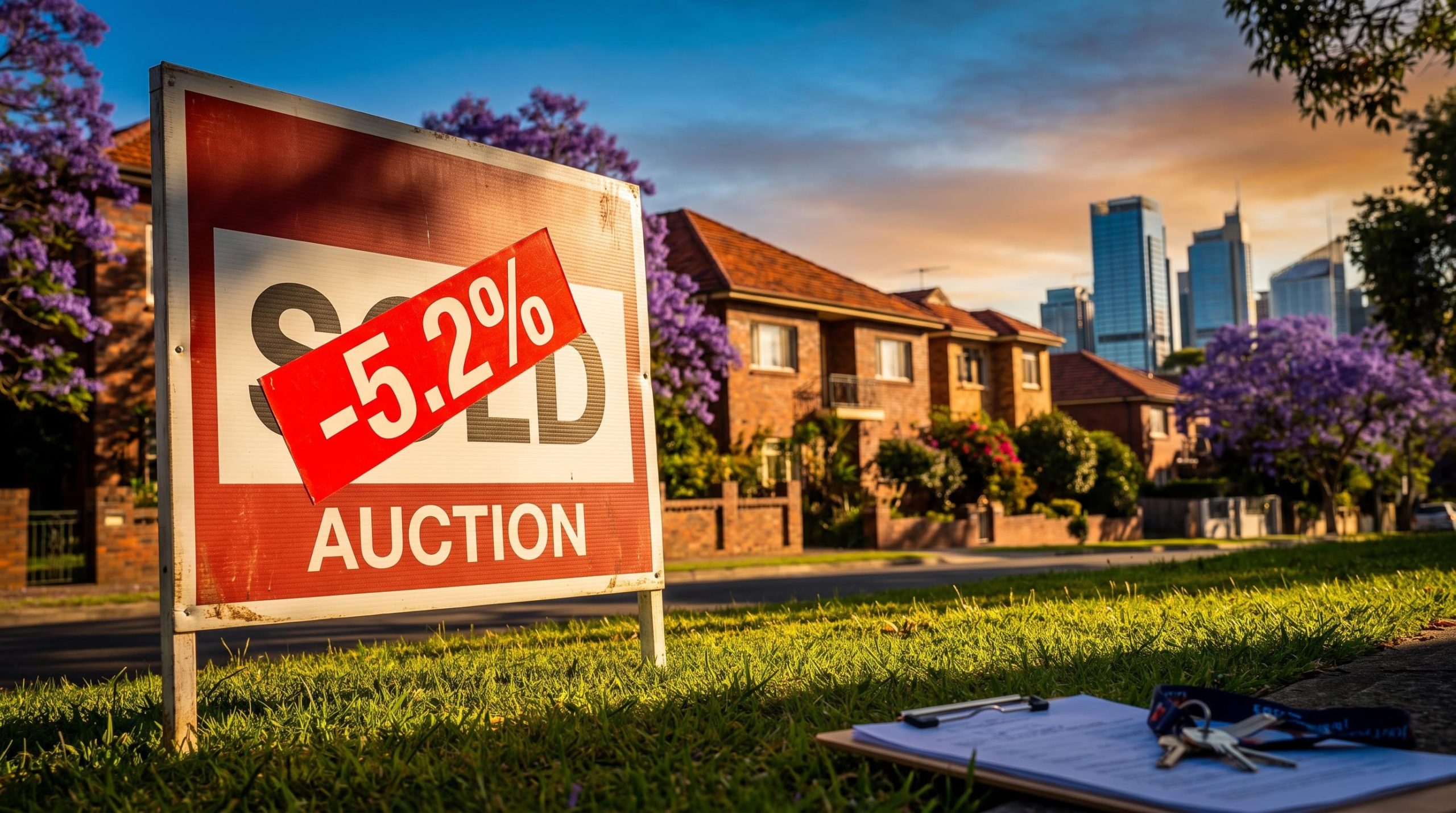 Red auction sold sign showing -5.2% on a Sydney suburban lawn, symbolising the Australia housing downturn and ASX 200 exposure
