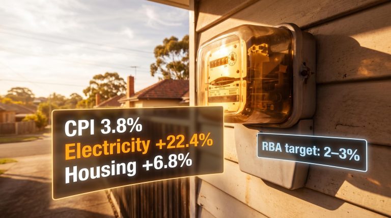 Australian electricity meter with ABS CPI 3.8% and electricity 22.4% data panels, suburban backdrop
