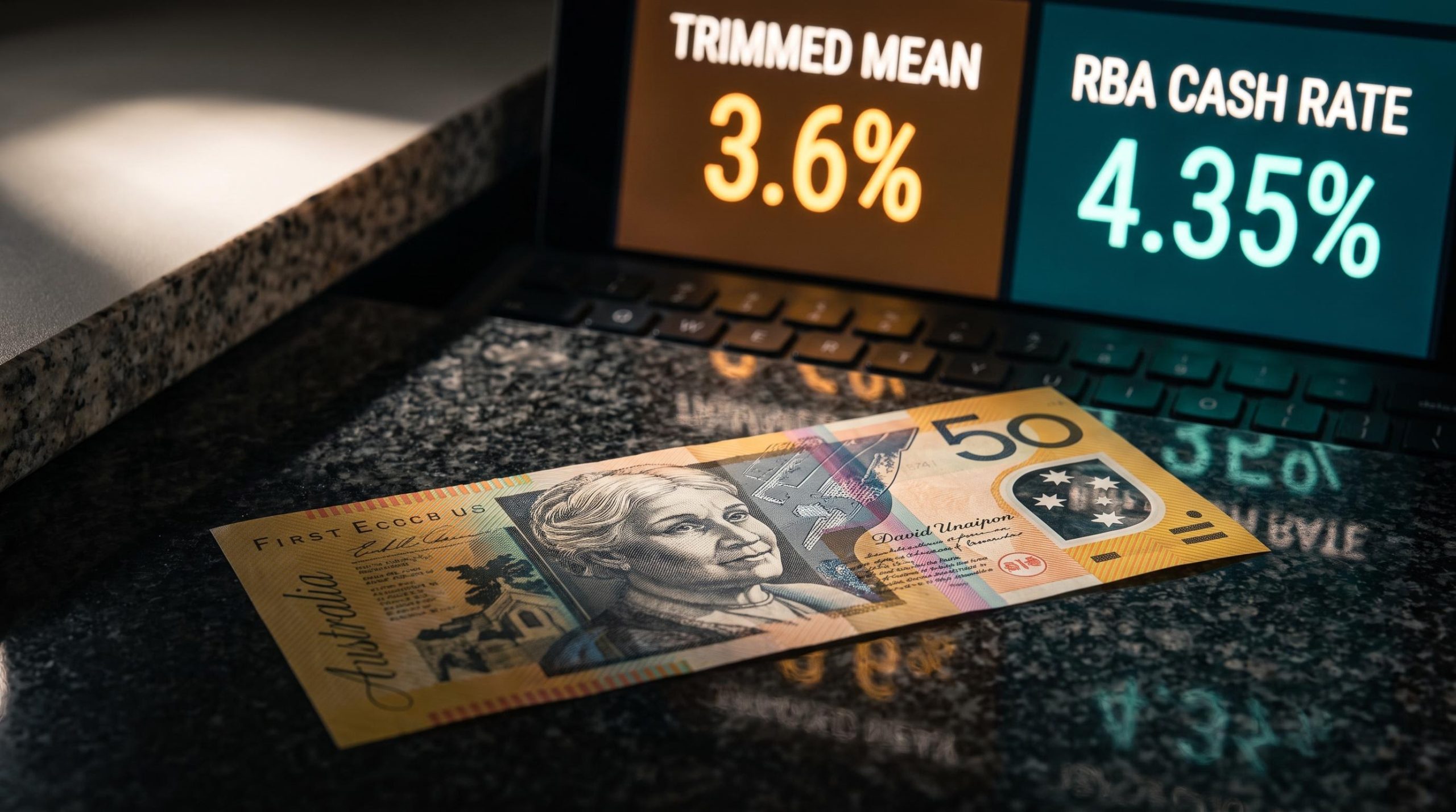 Australian banknote with RBA trimmed mean 3.6% and cash rate 4.35% on a trading terminal as inflation reprices rate outlook