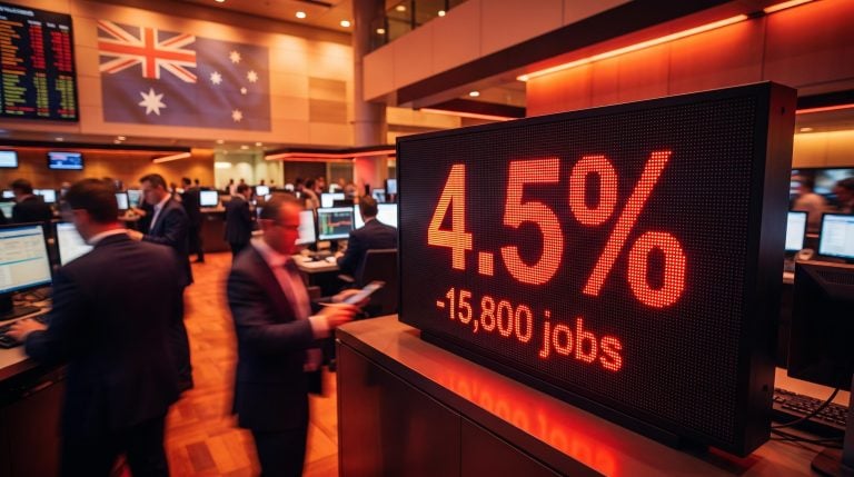 ASX trading floor data board showing Australian unemployment rate 4.5% and -15,800 jobs in red amid market selloff