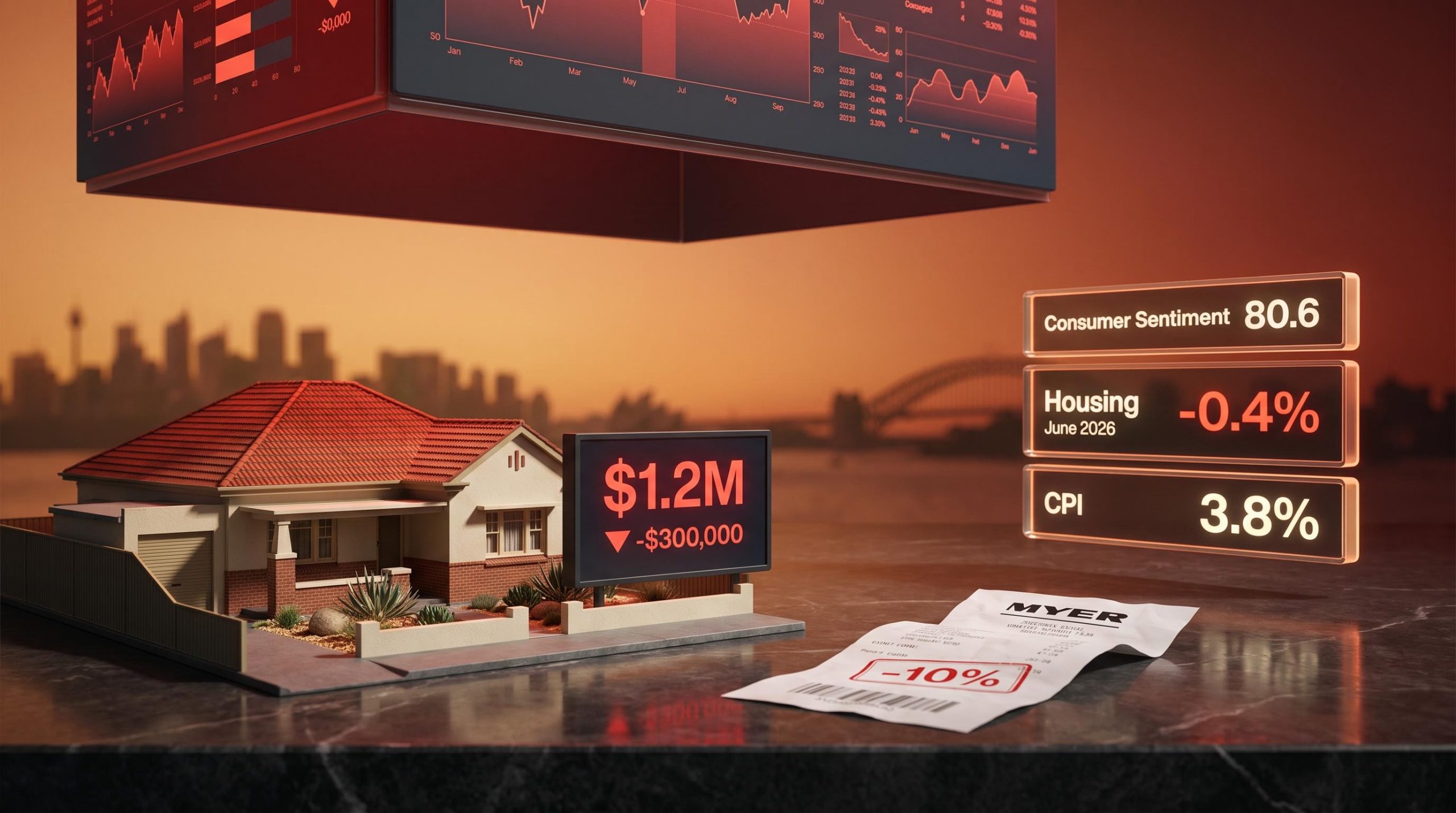 Australian housing model with consumer sentiment 80.6 and –0.4% June 2026 price data panels signalling recession risk