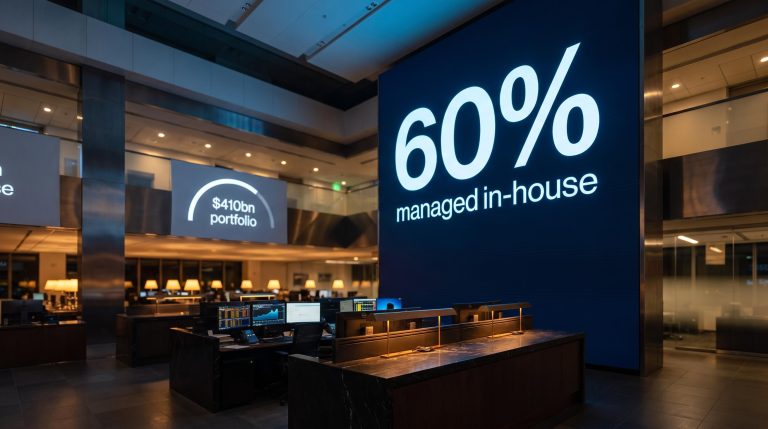 AustralianSuper 60% in-house milestone displayed on institutional trading floor as Australia superannuation insourcing reshapes active management