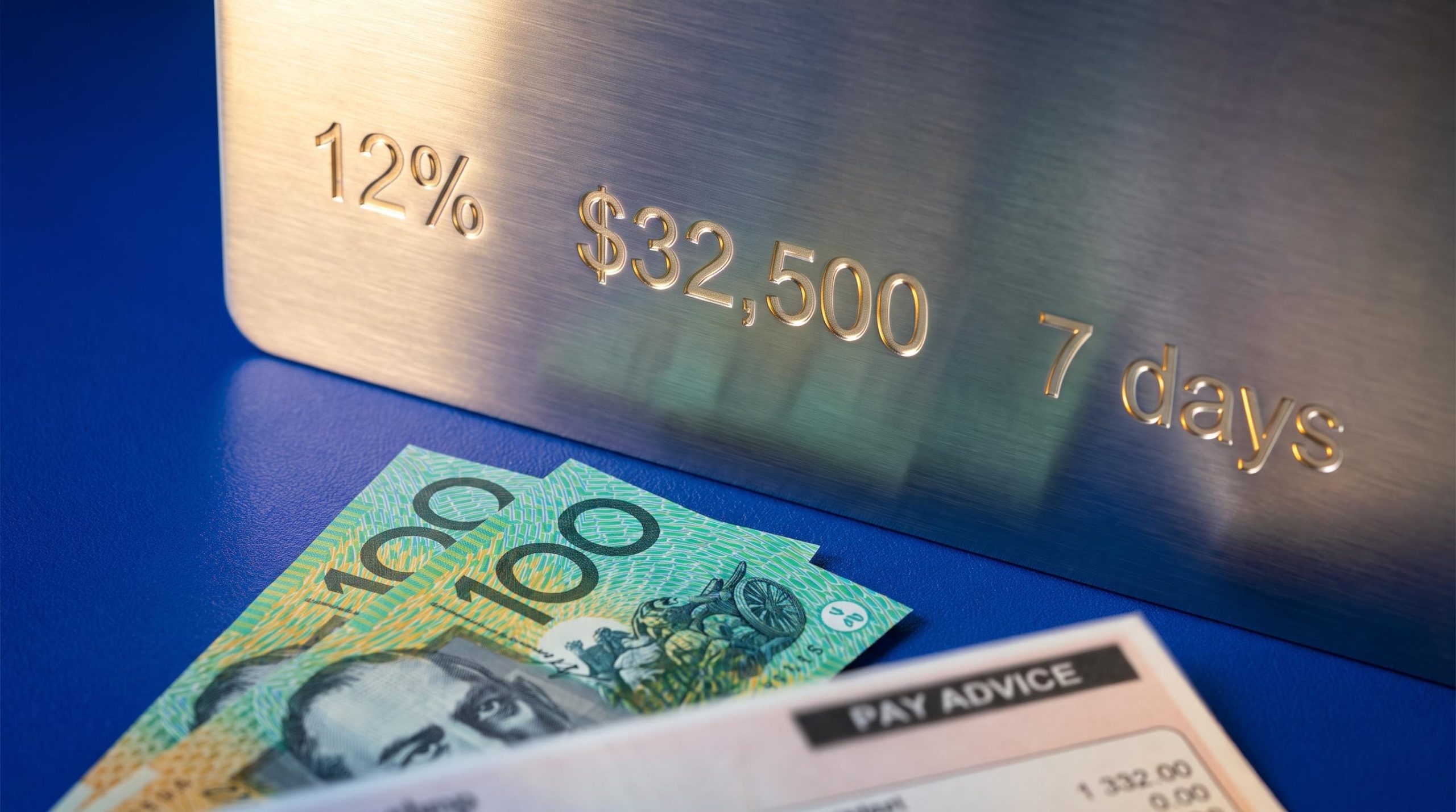Australian banknotes beside engraved steel panel showing 12%, $32,500 cap and 7-day super rule changes from 1 July 2026