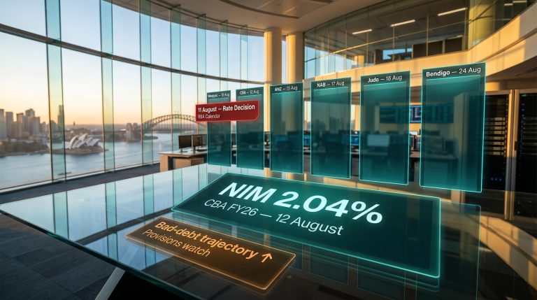 Six ASX bank result panels sequenced August 2026 with NIM 2.04% and bad-debt overlays on Sydney trading floor