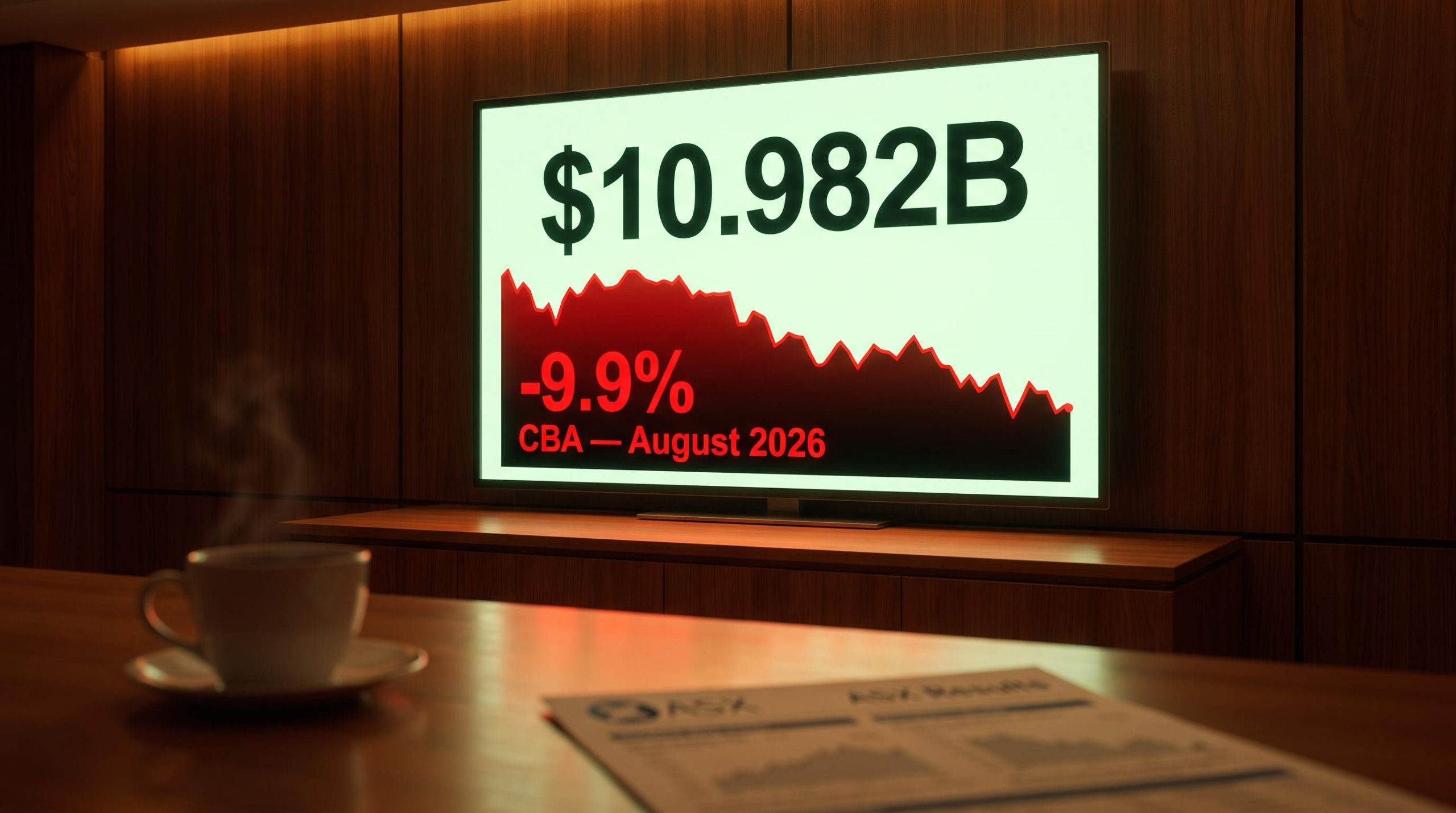 CBA record $10.982B profit displayed on trading screen beside -9.9% August return as Australian bank stocks sell off