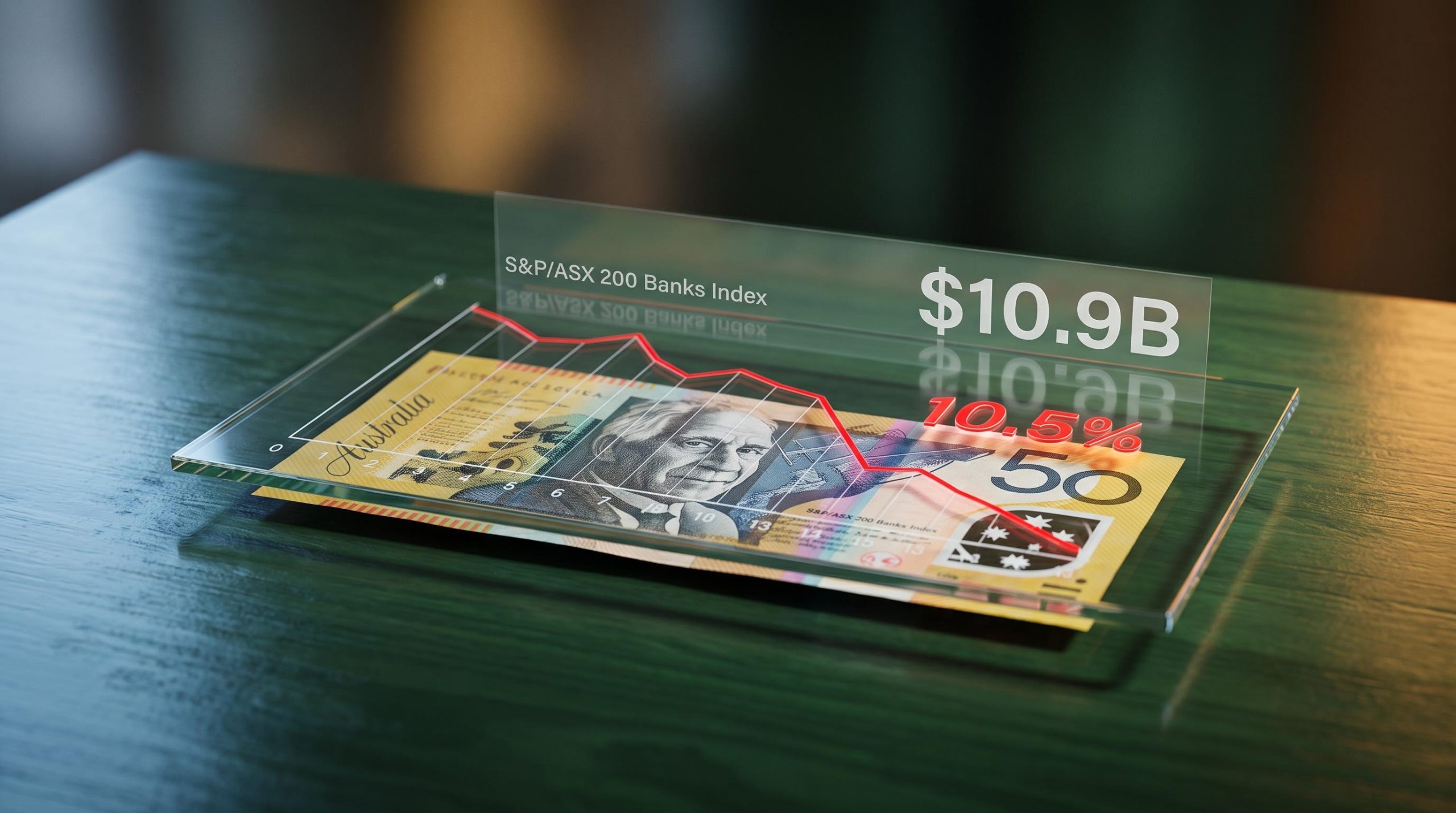 Australian banknote overlaid with 10.5% decline chart as bank stocks fall despite CBA's record $10.9B profit
