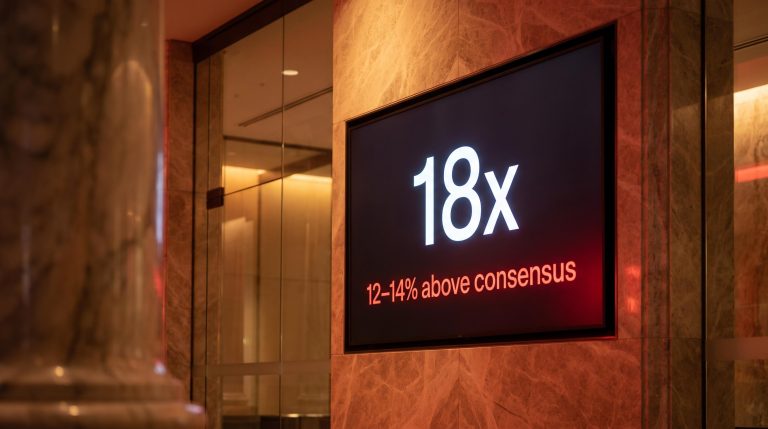 Australian bank trading screen showing 18x earnings valuation as Morgan Stanley flags loan loss risk 12–14% above consensus