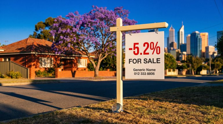 Red -5.2% for-sale sign on an Australian street as housing falls test Australian banks shares valuations