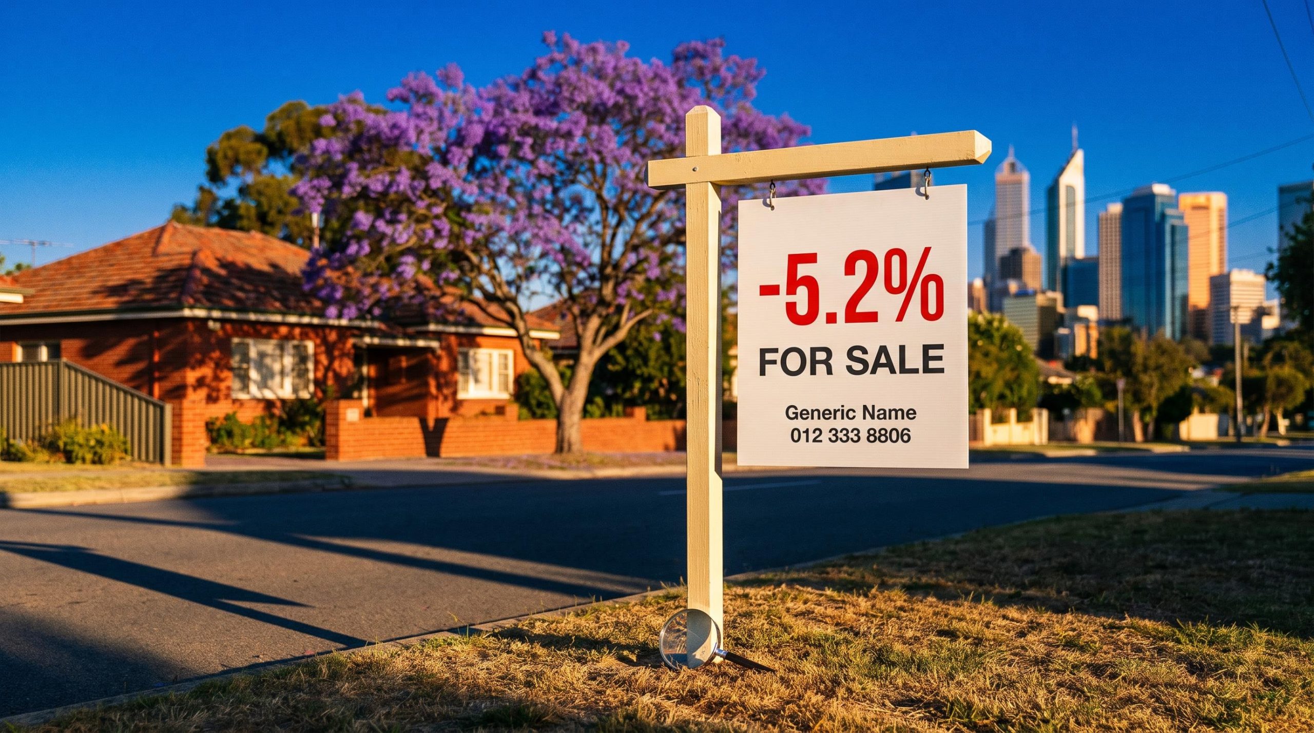 Red -5.2% for-sale sign on an Australian street as housing falls test Australian banks shares valuations