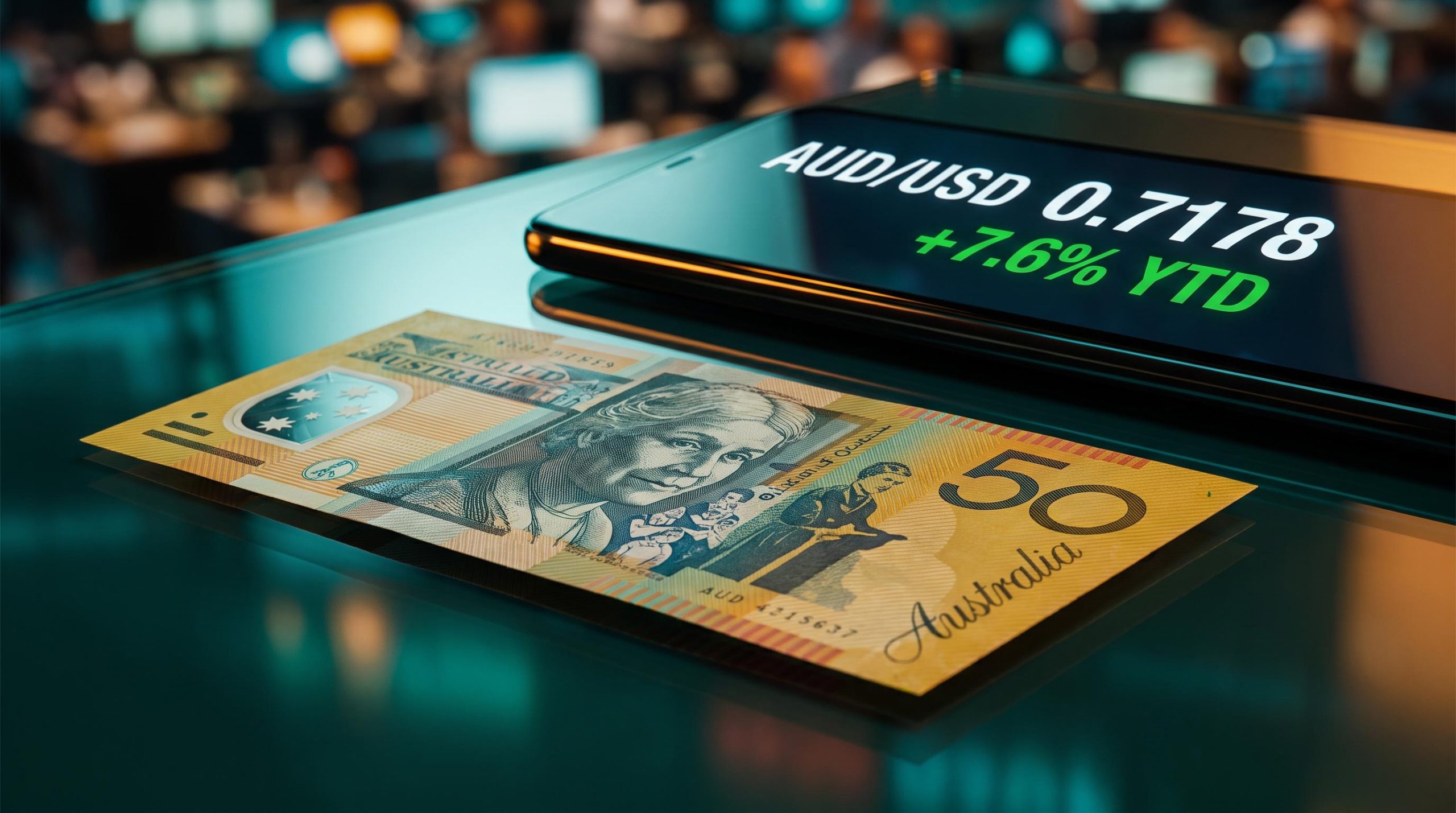 Australian dollar banknote with AUD/USD 0.7178 screen showing 7.6% YTD gain as RBA rate hike odds rise