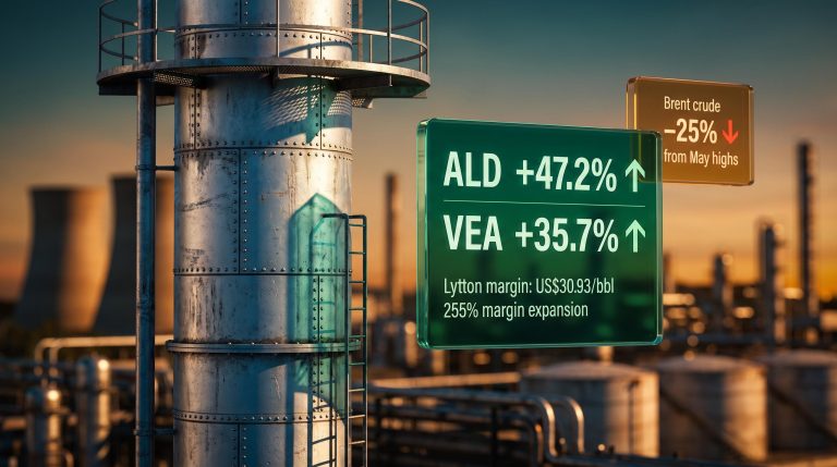 Ampol Lytton refinery column with ALD 47.2% and VEA 35.7% data panels amid crude's 25% decline