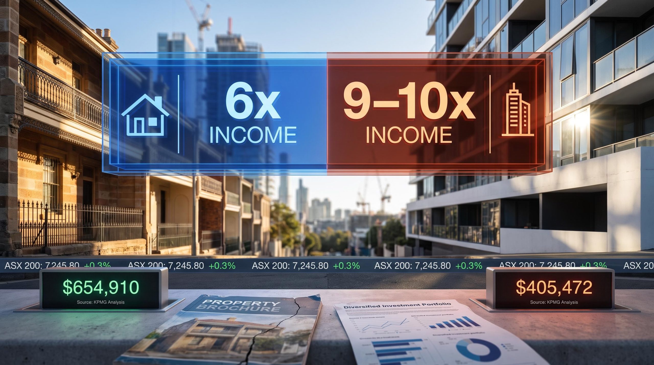 KPMG data showing Gen X $654,910 vs Millennial $405,472 property gains as Australian home costs hit 9–10x income