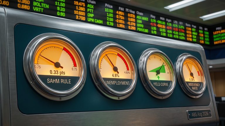 Four analogue gauges tracking Australian recession indicators hover below trigger thresholds in amber, not red