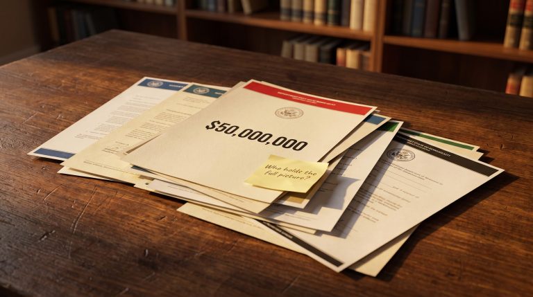 Nine regulatory documents piled on a desk with $50 million penalty figure — Australian SME regulatory burden visualised