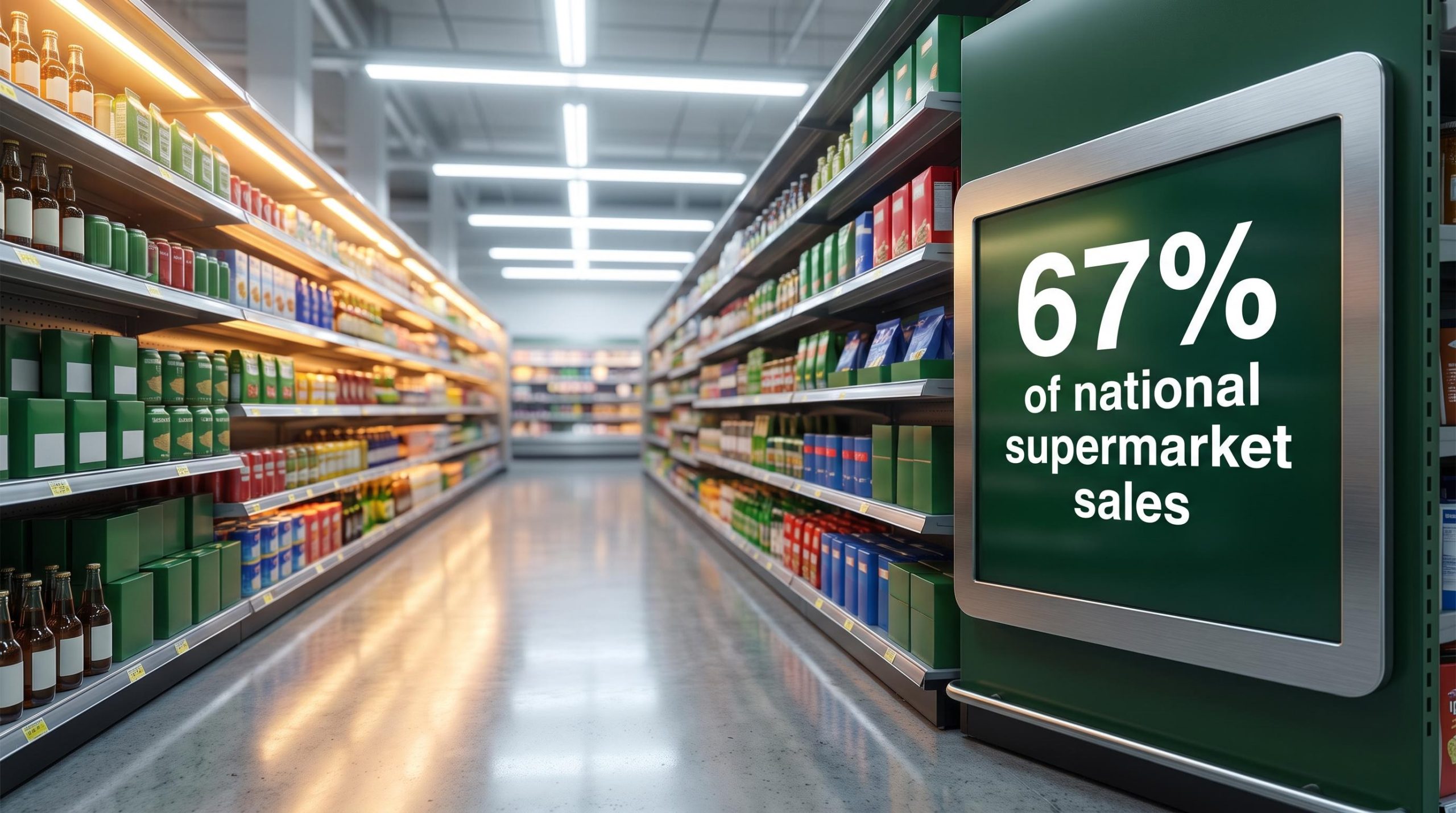 Supermarket aisle with "67% of national supermarket sales" screen overlay — Australian supermarket stocks analysis