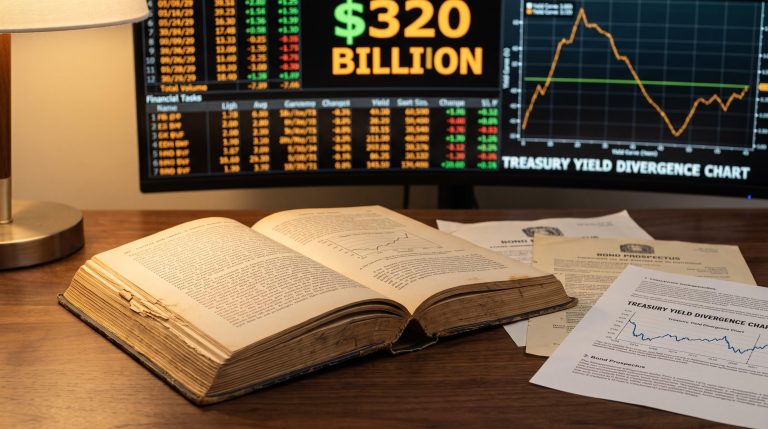 Weathered economics tome open beside a glowing terminal displaying "$320 billion" — Austrian business cycle AI investment analysis