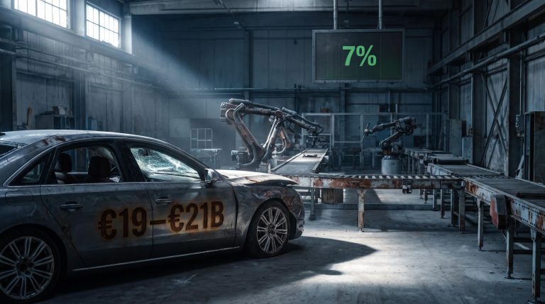 Wrecked sedan on a frozen auto assembly line with €19–21B loss figure — legacy automaker value trap analysis