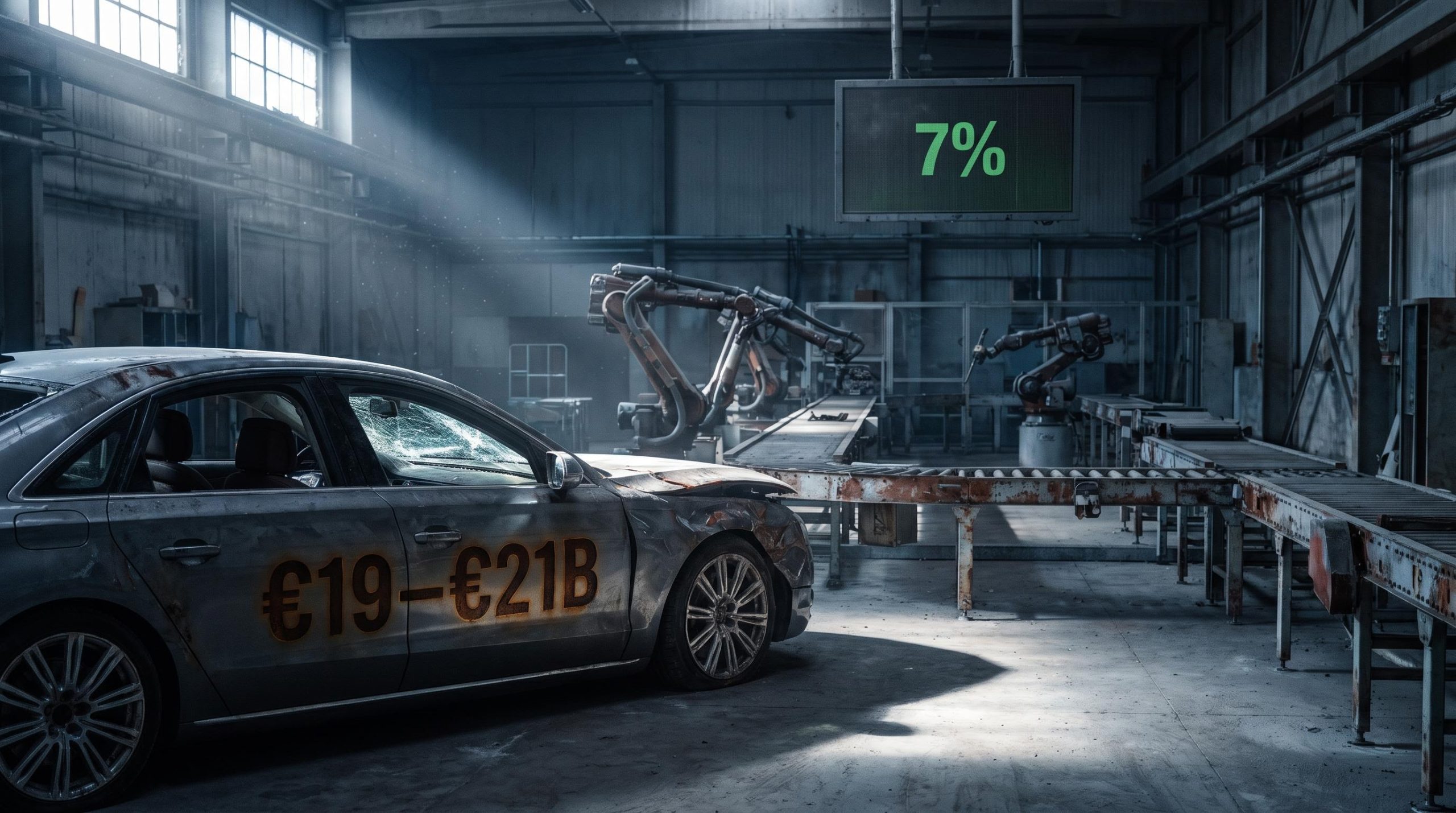 Wrecked sedan on a frozen auto assembly line with €19–21B loss figure — legacy automaker value trap analysis