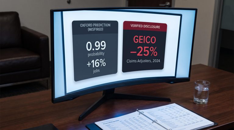 Financial terminal showing 0.99 automation probability vs GEICO 25% claims adjuster cut — automation risk investor framework