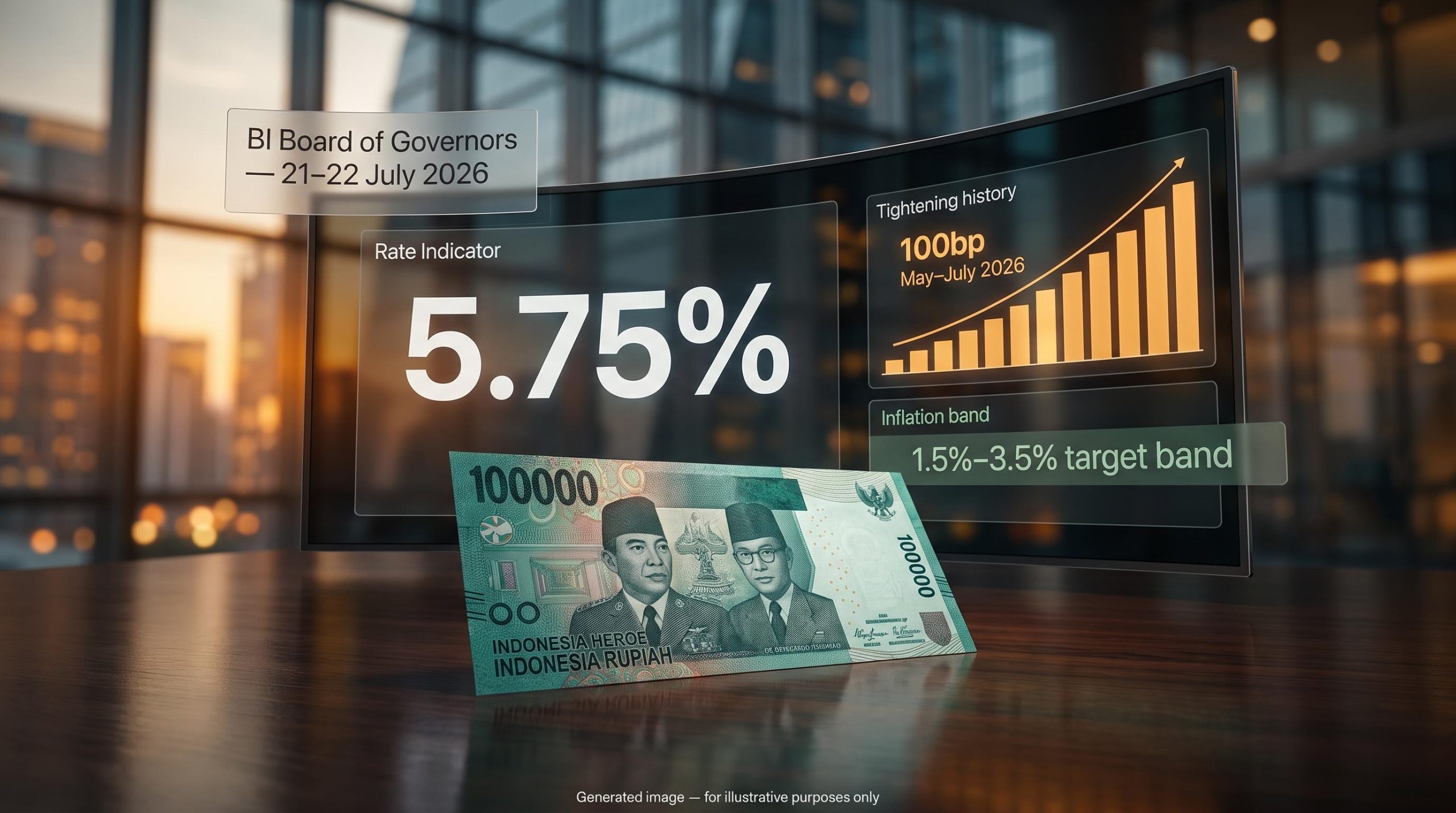 Indonesian rupiah note with Bank Indonesia 5.75% rate hold and 100bp tightening data overlaid, Jakarta backdrop