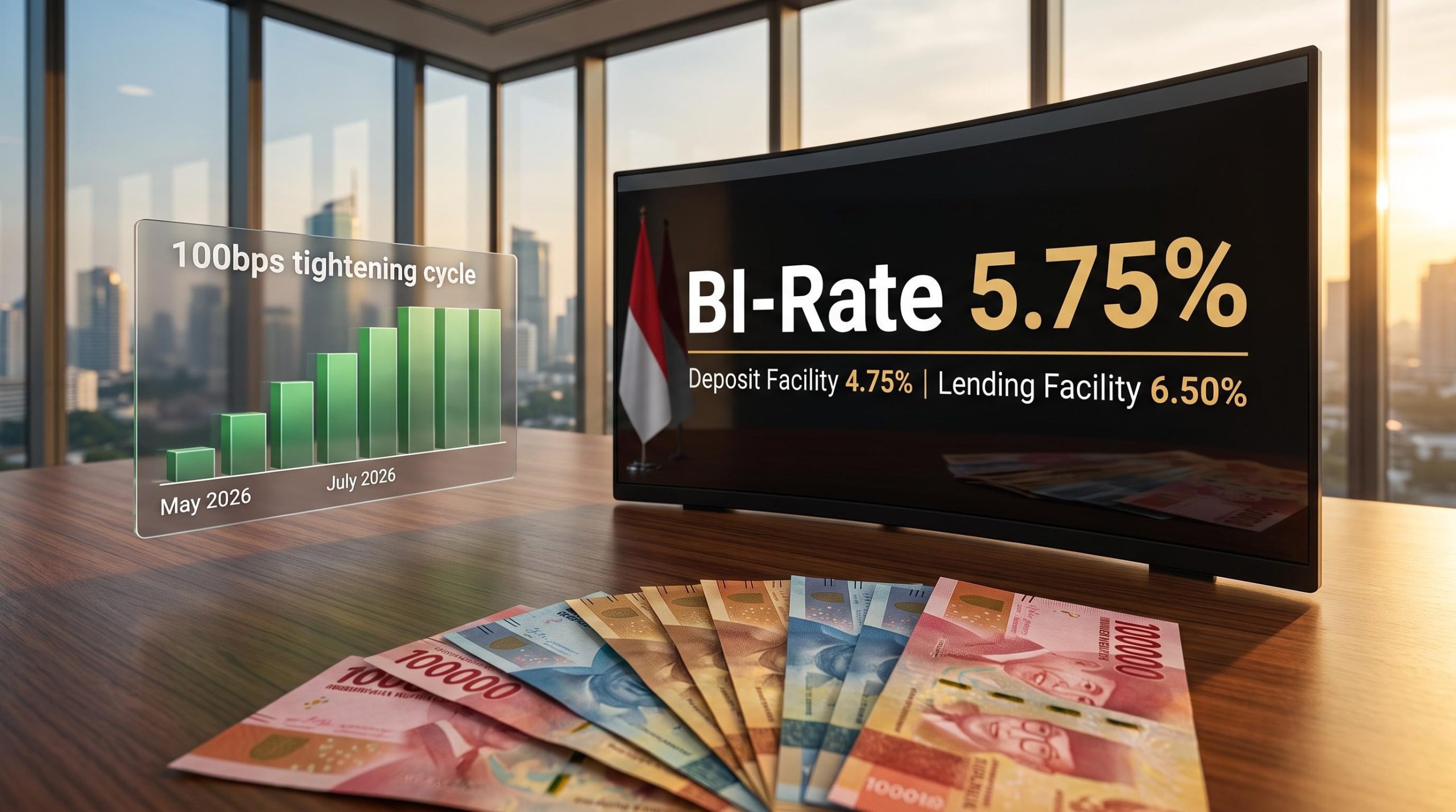 Bank Indonesia BI-Rate held at 5.75% displayed on financial terminal with rupiah banknotes and Jakarta skyline