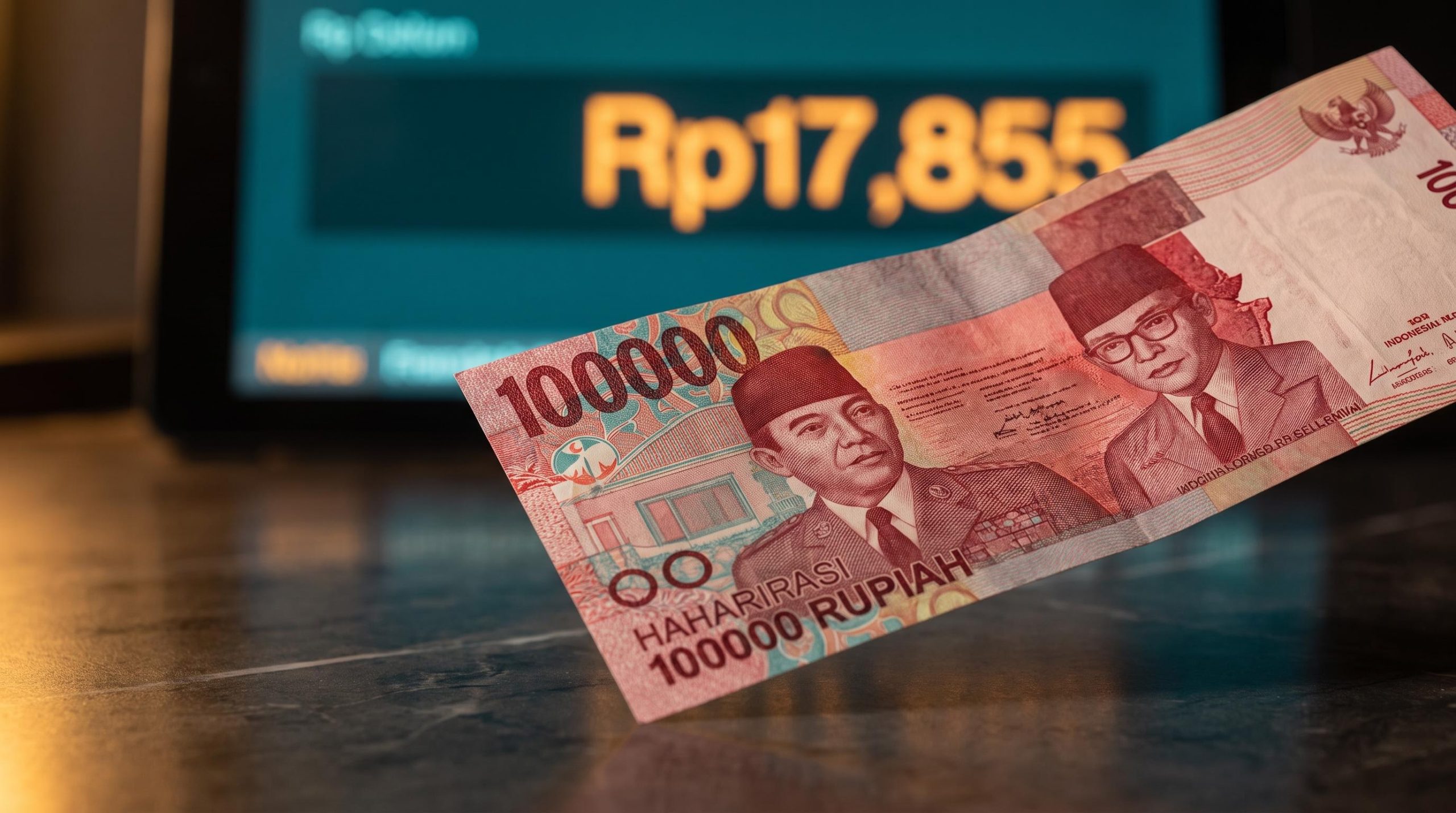 Indonesian rupiah note in close-up with Rp17,855 exchange rate on screen — Bank Indonesia monetary policy explainer