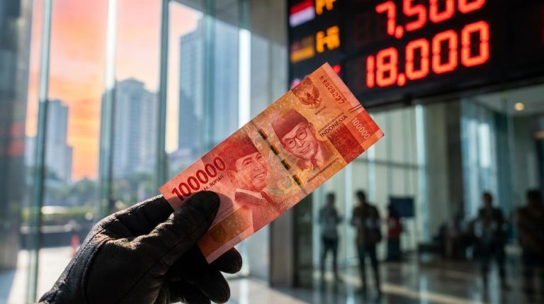 Rupiah banknote held up against a red exchange board showing 18,000 as Bank Indonesia holds rates to defend the rupiah