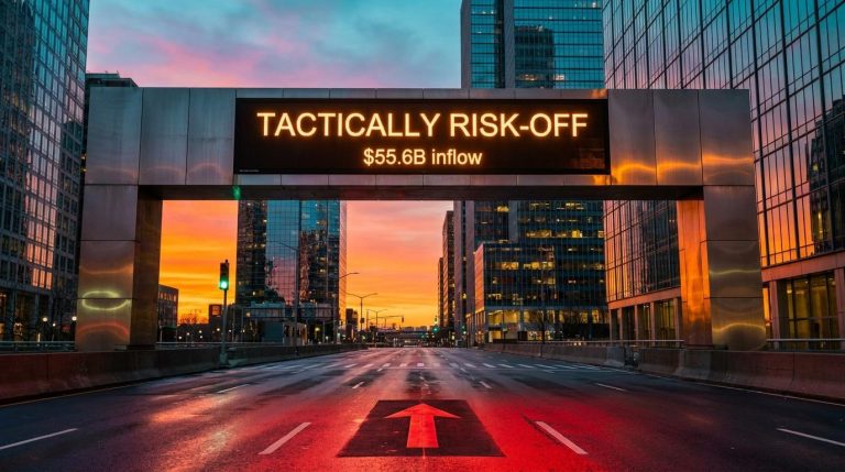 Amber "TACTICALLY RISK-OFF" gantry sign over a city street, illustrating the Bank of America defensive call amid $55.6B inflows