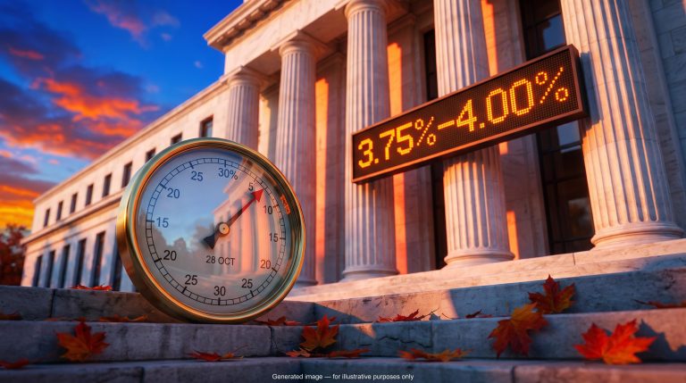 Rate dial before a columned government building marked 28 OCT, as Bank of America Fed hike call divides markets