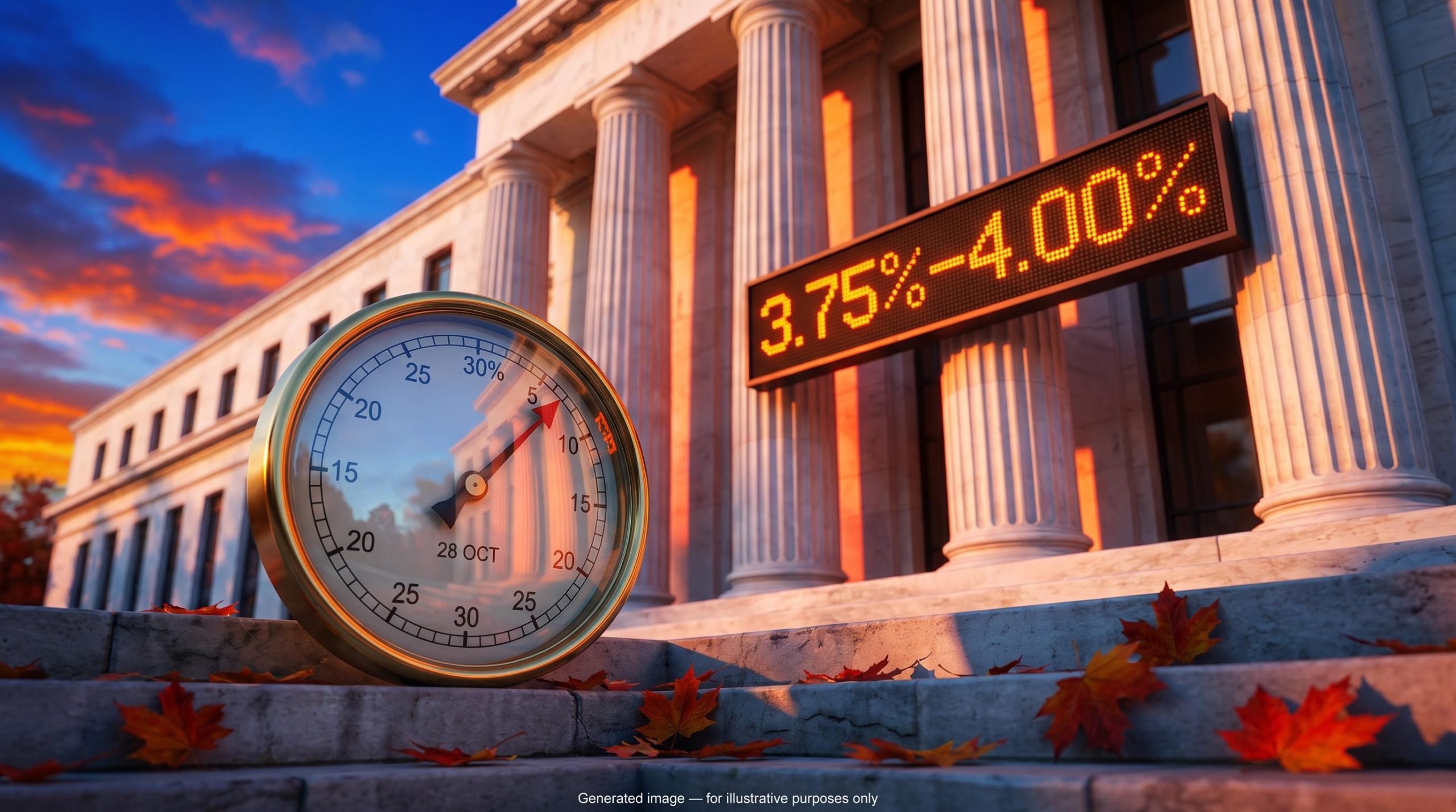 Rate dial before a columned government building marked 28 OCT, as Bank of America Fed hike call divides markets