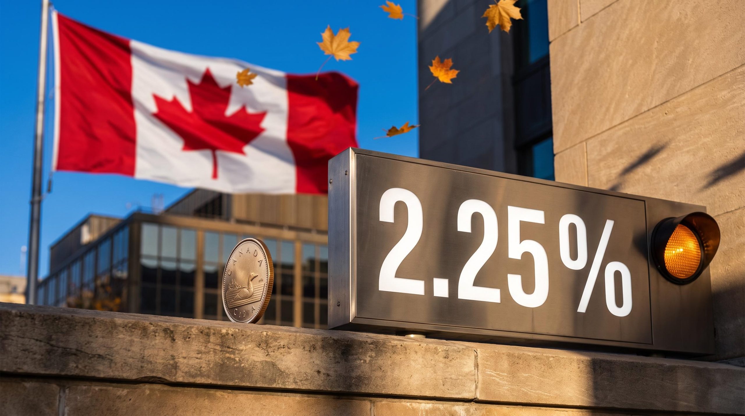 Loonie coin on edge before Canadian flag and 2.25% panel as a Bank of Canada December hike looms