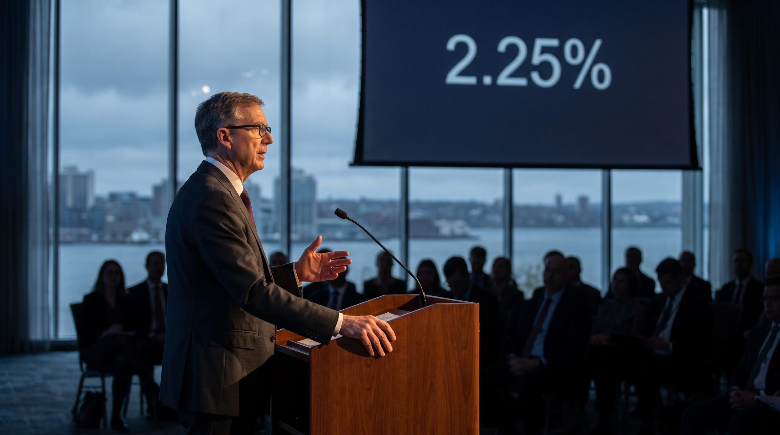 Bank of Canada Governor Tiff Macklem at Halifax podium warning on delayed interest rate hikes, 2.25% rate on screen