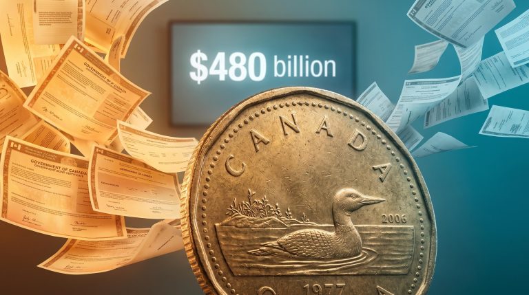 Canadian loonie coin amid expanding bond paper and shrinking reserves illustrating Bank of Canada quantitative easing and tightening