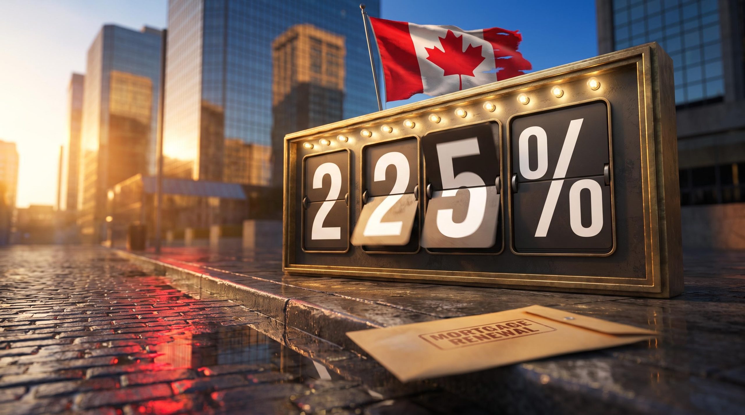 Split-flap sign showing 2.25% ahead of the Bank of Canada rate decision on 28 October, with Canadian flag at golden hour