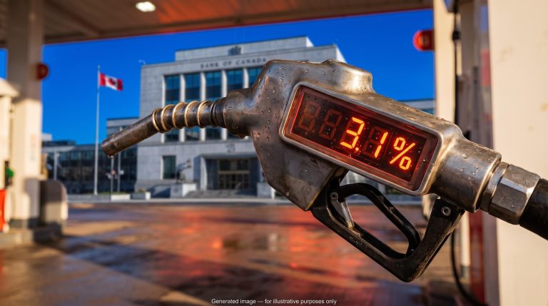 Fuel pump showing 3.1% in front of Bank of Canada headquarters ahead of the Bank of Canada rate decision