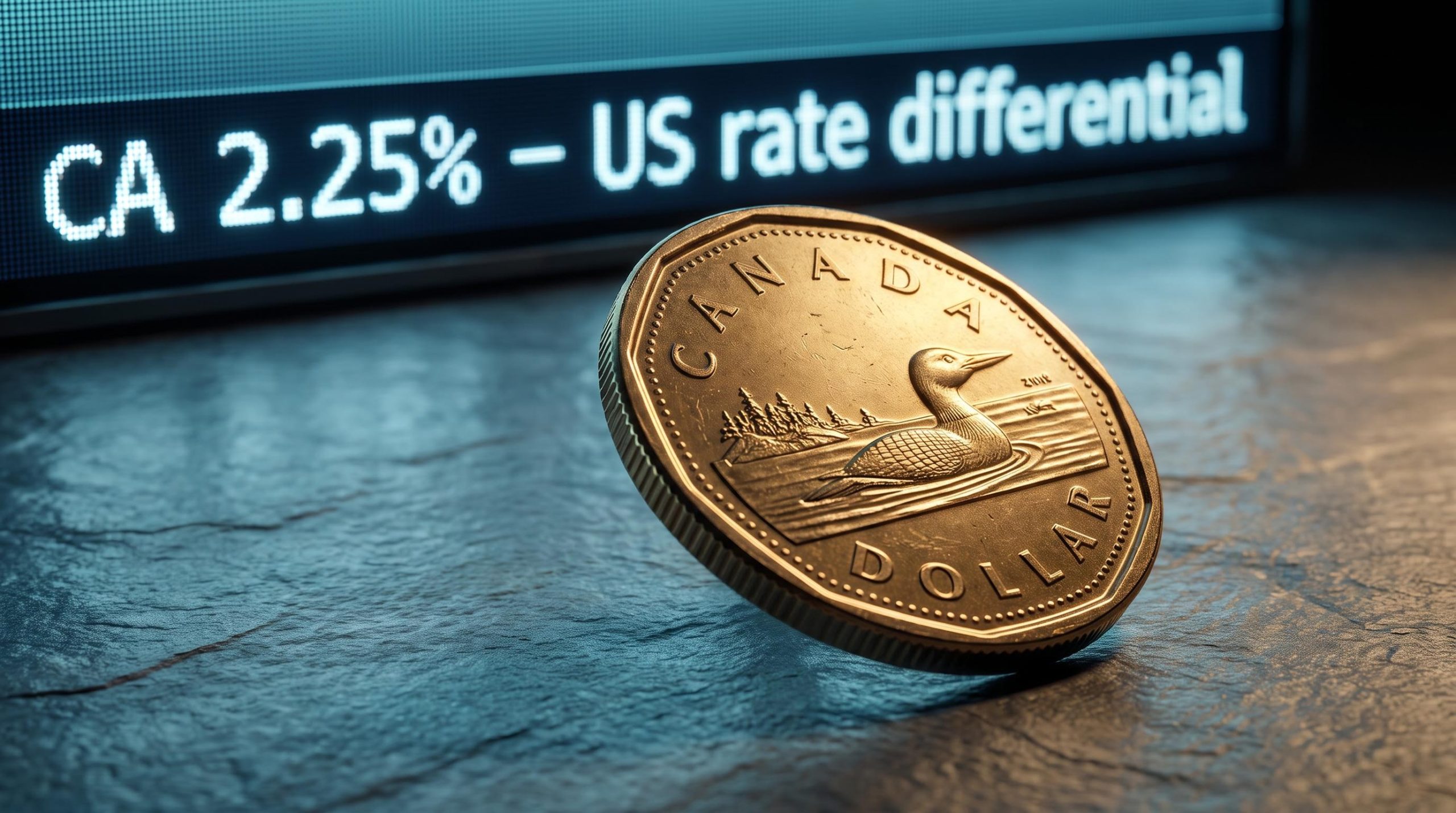 Canadian loonie coin in close-up with Bank of Canada 2.25% rate differential on terminal screen behind