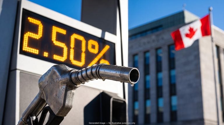 Fuel pump nozzle with 2.50% price display before Bank of Canada building, marking the Bank of Canada rate hike driven by energy